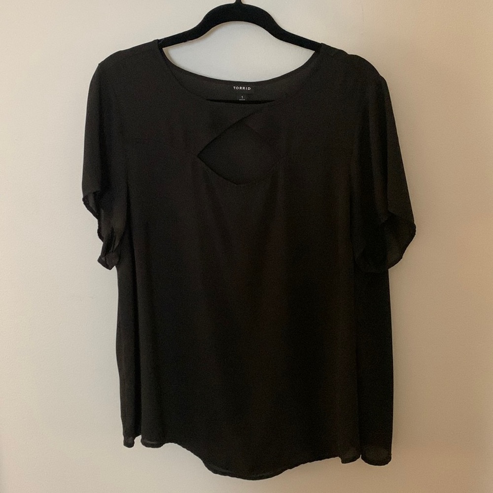 Black cap sleeve blouse with cut out sheer